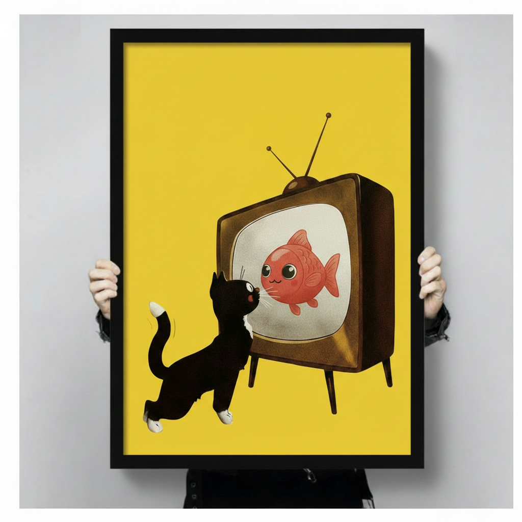 Cat Watching Fish Retro TV Canvas Wall Art
