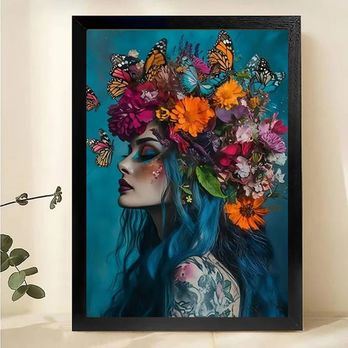Butterfly Floral Woman Canvas Wall Art - Turquoise Blue Framed Print