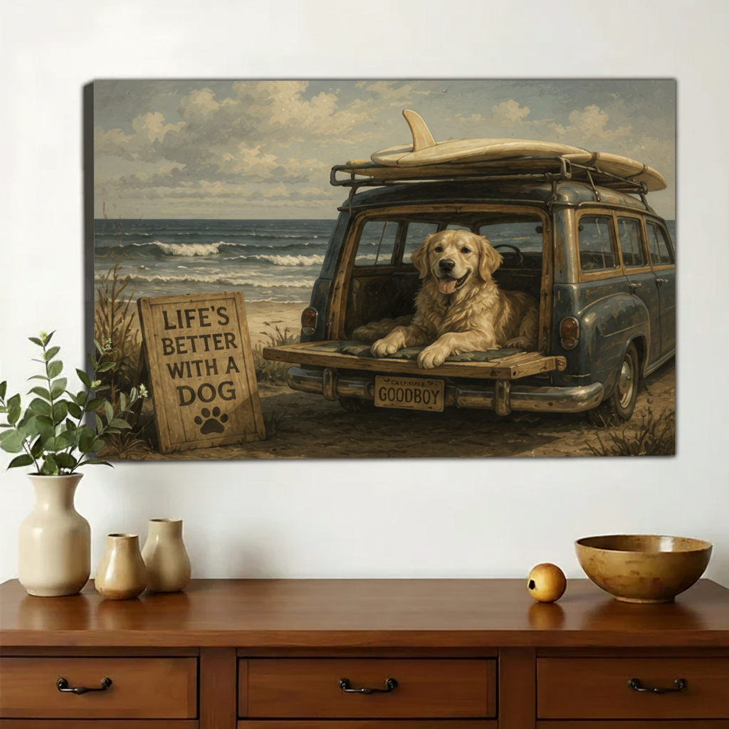 Golden Retriever in a Vintage Beach Wagon Wall Art – Coastal Retro Dog Canvas Print on Natural Wood Frame