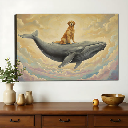 The Vintage Whale Rider – Whimsical Nostalgic Wall Art on Natural Wood Canvas
