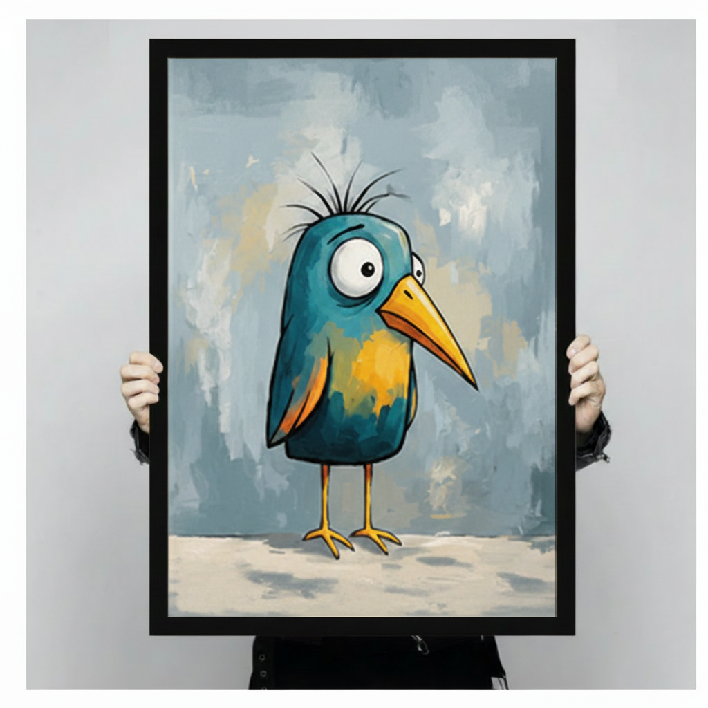 Quirky Blue Bird Whimsical Canvas Wall Art