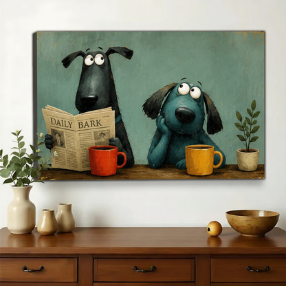 Dogs Reading Daily Bark Newspaper Wall Art – Whimsical Morning Routine Canvas Print on Natural Wood Frame