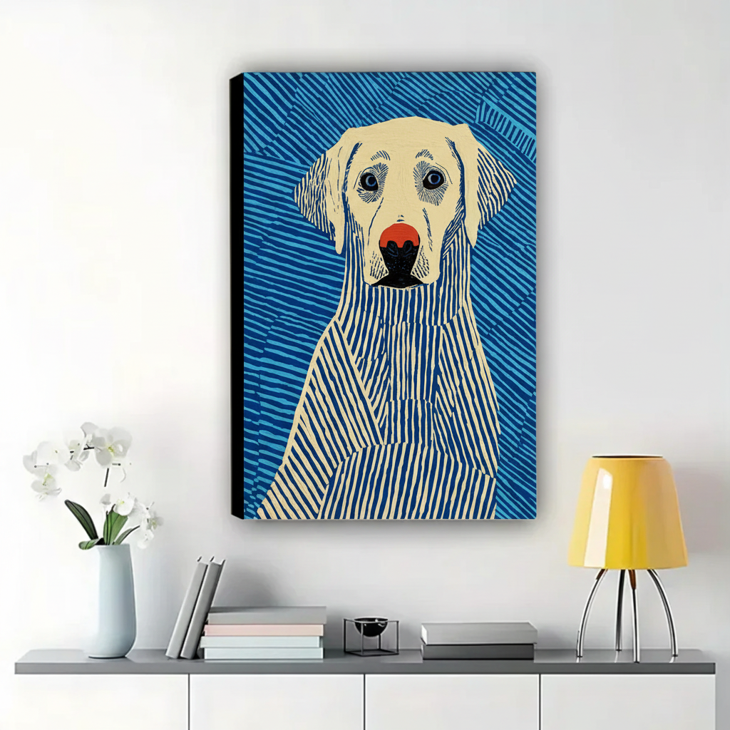 Labrador Dog Blue Stripe Wall Art – Bold Graphic Dog Canvas Print on Natural Wood Frame