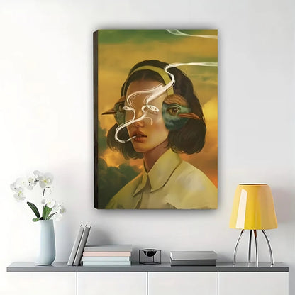 Woman Bird Fusion Art – Surreal Portrait Framed Print Canvas Wall Art