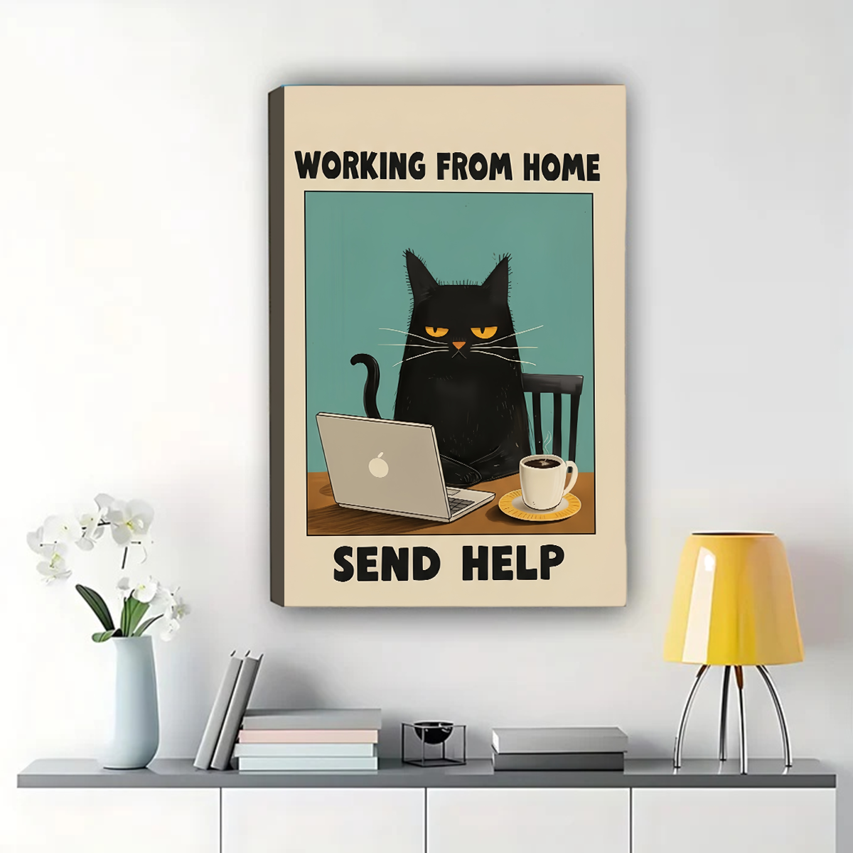 Working From Home Cat Poster - Funny Black Cat Office Wall Art Print