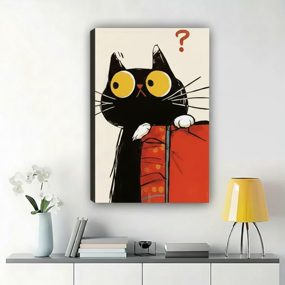 Nosy Black Cat Peeking Over a Gift Box Wall Art – Funny Holiday Canvas Print on Natural Wood Frame