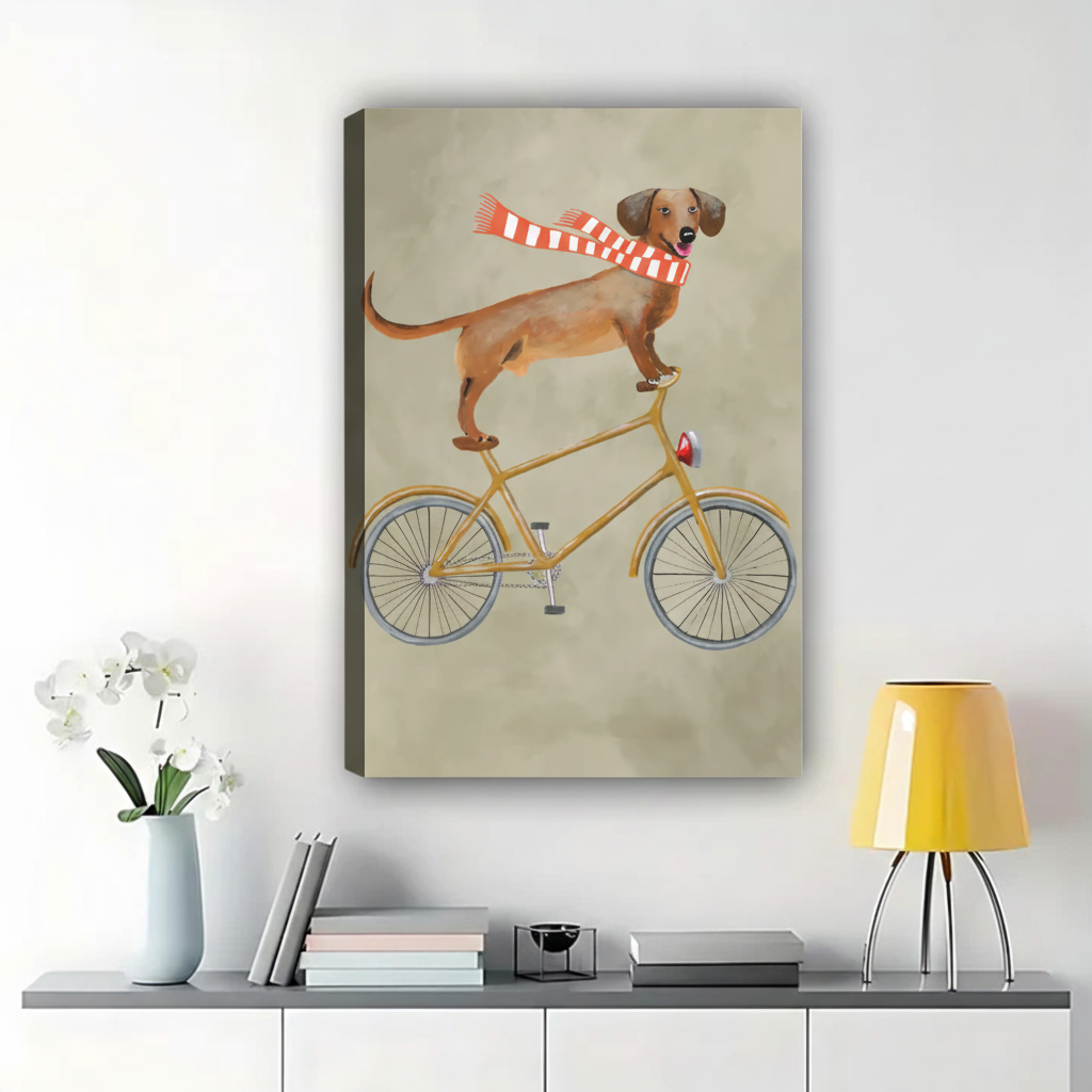 Dog Riding Bicycle Wall Art - Whimsical Dachshund Canvas Print