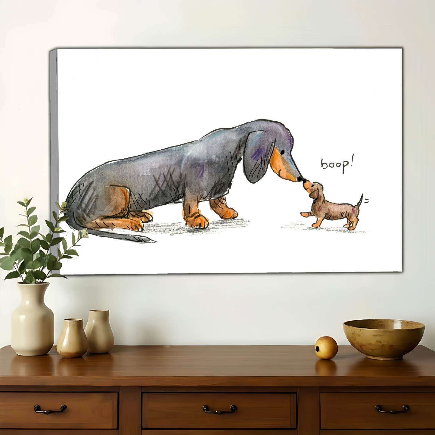 Dachshund Boop Nose to Nose Wall Art - Funny Watercolor Sketch Canvas Print