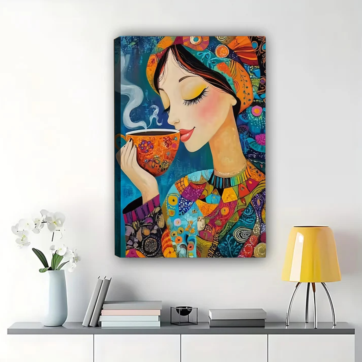 Colorful Woman with Coffee Canvas Print - Whimsical Modern Wall Art