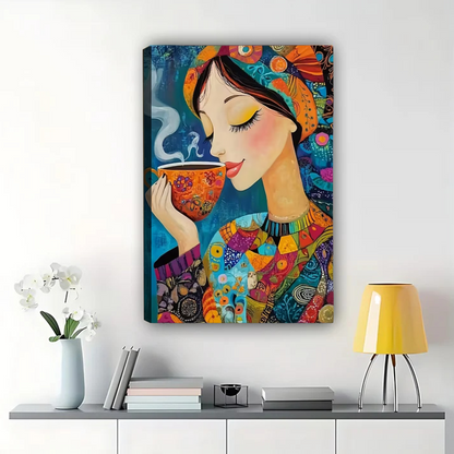 Colorful Woman with Coffee Canvas Print - Whimsical Modern Wall Art