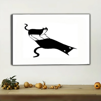 Cat Shadow Silhouette Wall Art - Playful Black and White Print