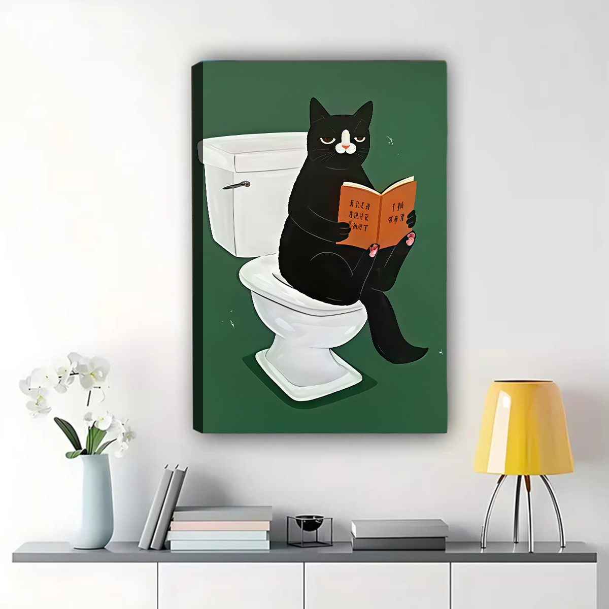 Black Cat Reading on Toilet Wall Art - Funny Bathroom Decor Print