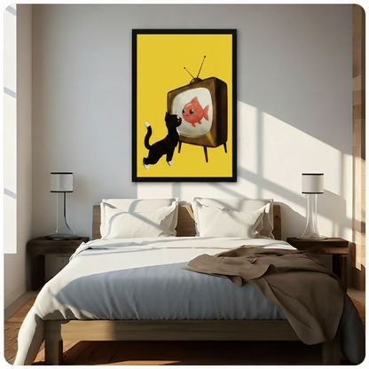 Cat Watching Fish Retro TV Canvas Wall Art
