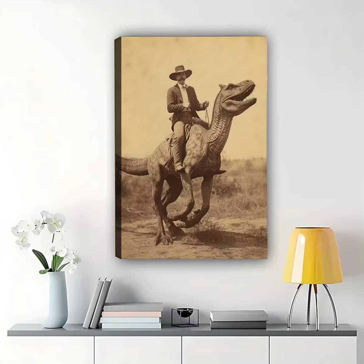 Cowboy Riding Dinosaur Canvas Wall Art - Vintage Western T-Rex Print