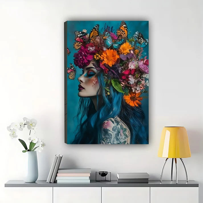 Butterfly Floral Woman Canvas Wall Art - Turquoise Blue Framed Print