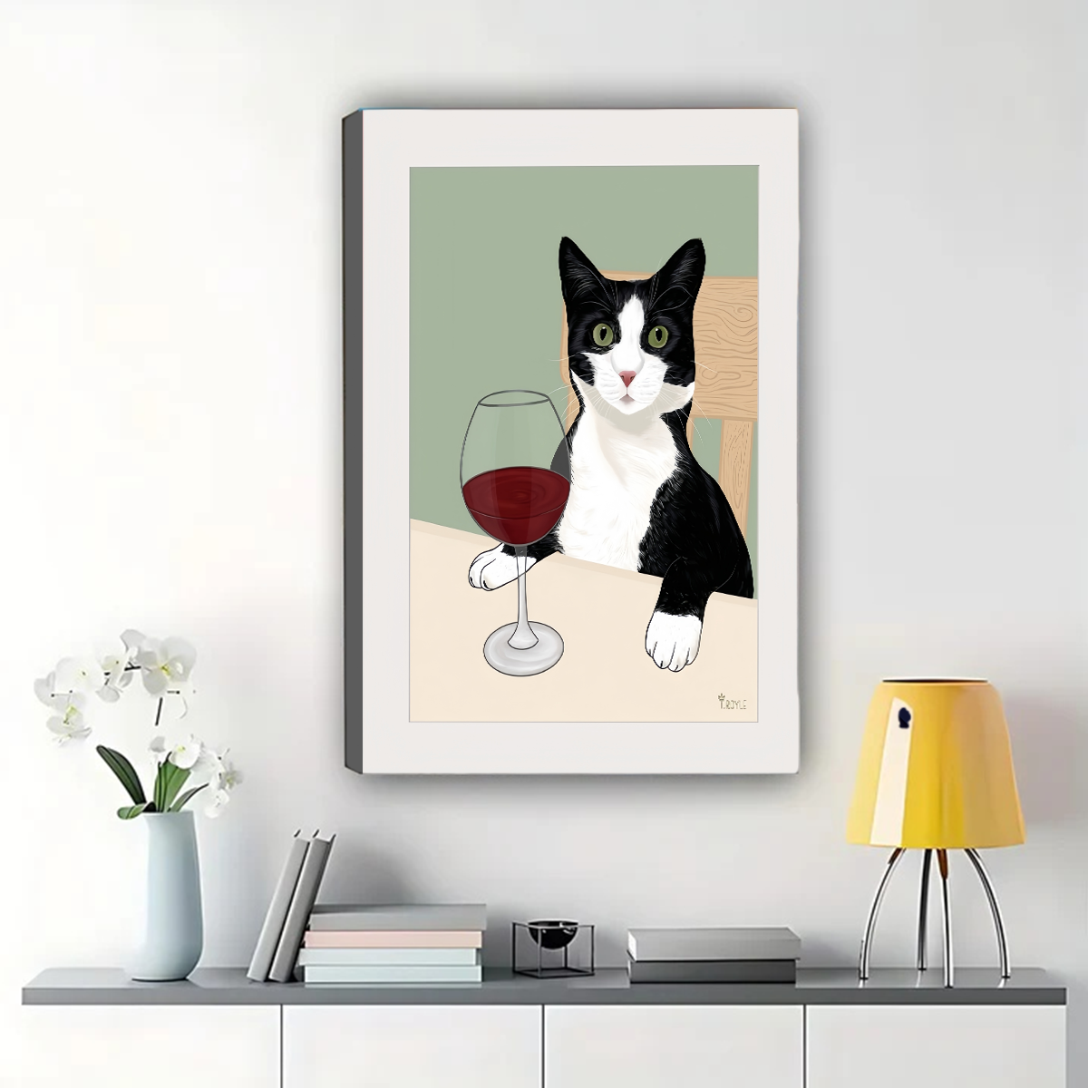 Tuxedo Cat with Red Wine Glass Wall Art - Minimalist Illustrated Canvas Print