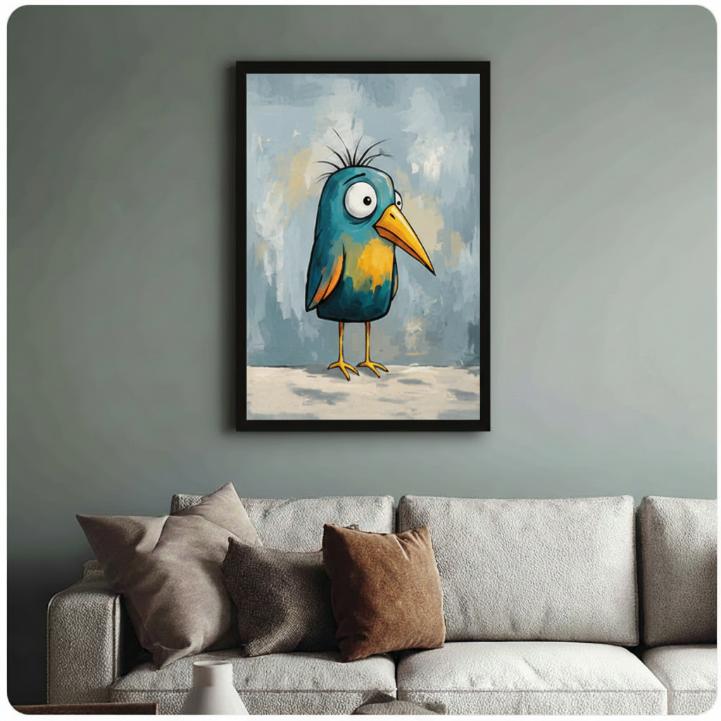 Quirky Blue Bird Whimsical Canvas Wall Art