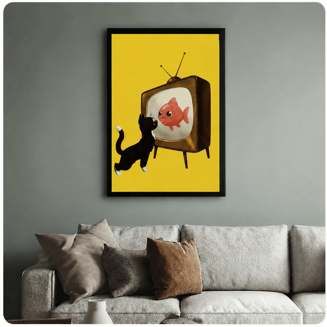 Cat Watching Fish Retro TV Canvas Wall Art