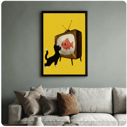Cat Watching Fish Retro TV Canvas Wall Art