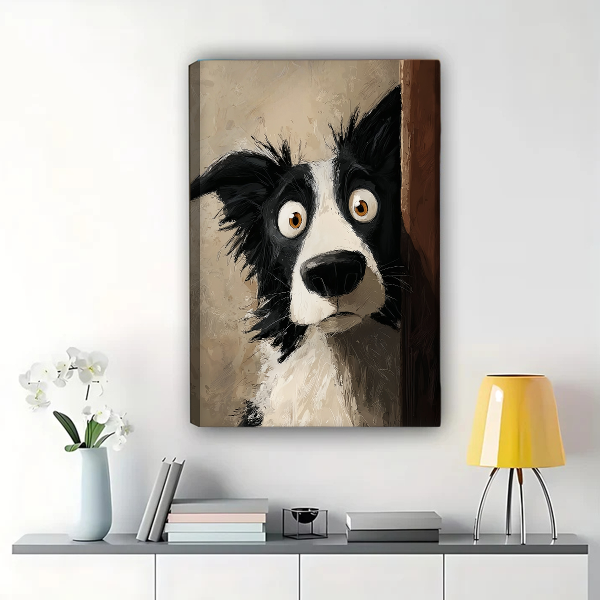 Dog Peeking Behind Door Wall Art - Curious Border Collie Print