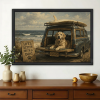 Golden Retriever in a Vintage Beach Wagon Wall Art – Coastal Retro Dog Canvas Print on Natural Wood Frame