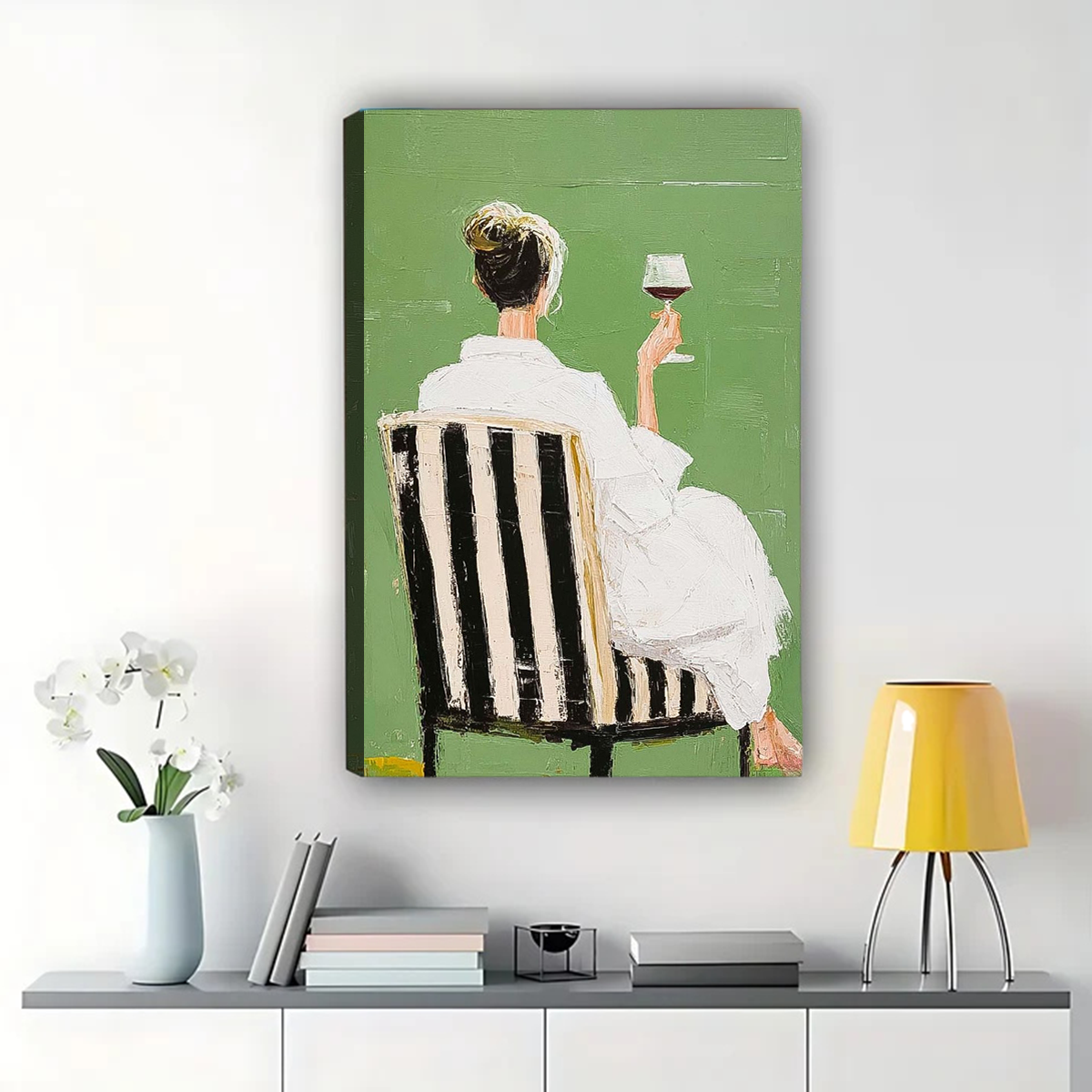 Woman with Wine Wall Art - Elegant Green Textured Print