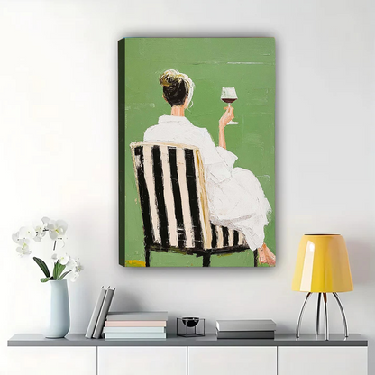 Woman with Wine Wall Art - Elegant Green Textured Print
