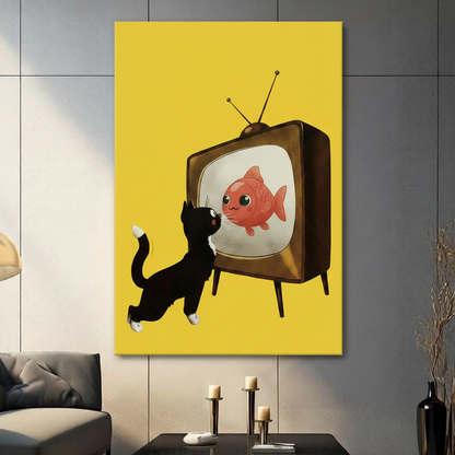 Cat Watching Fish Retro TV Canvas Wall Art