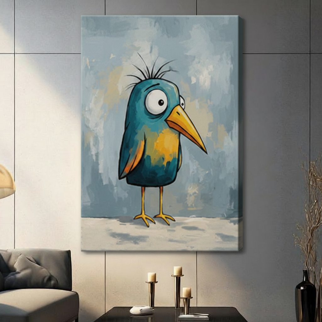 Quirky Blue Bird Whimsical Canvas Wall Art