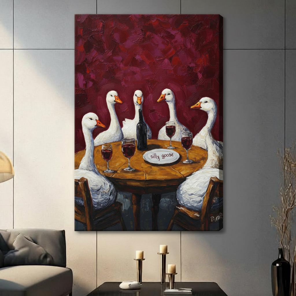 Silly Goose Wine Party Impasto Canvas Wall Art