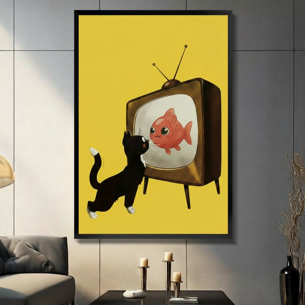 Cat Watching Fish Retro TV Canvas Wall Art