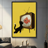 Cat Watching Fish Retro TV Canvas Wall Art