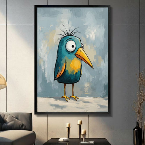 Quirky Blue Bird Whimsical Canvas Wall Art