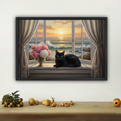 The Cozy Sunset Window Black Cat – Warm Healing Wall Art on Natural Wood Canvas