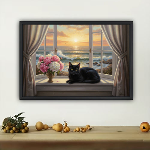 The Cozy Sunset Window Black Cat – Warm Healing Wall Art on Natural Wood Canvas