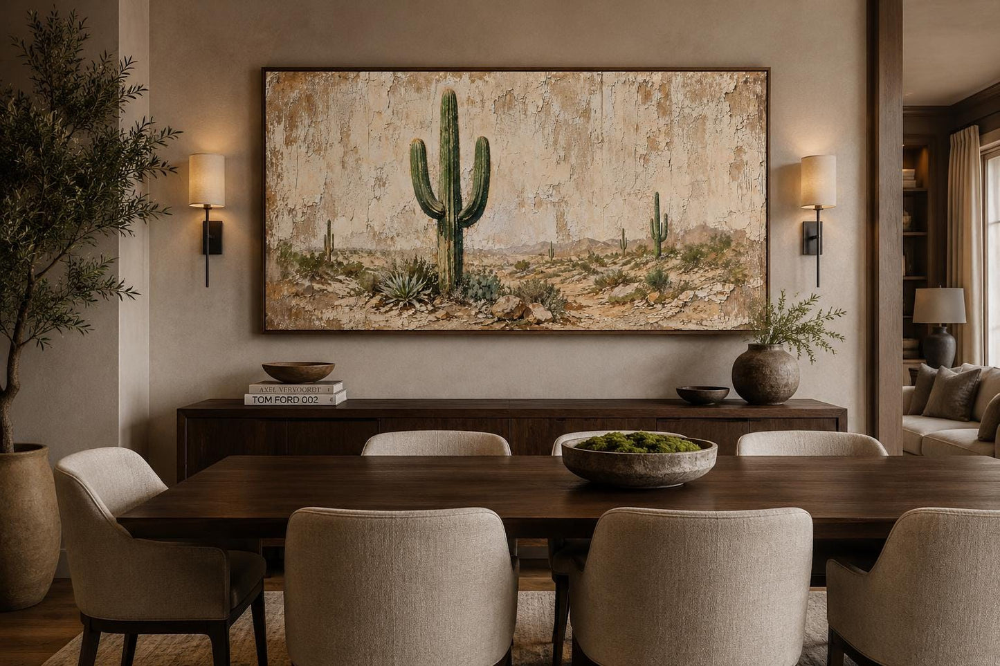 Minimalist Desert With Saguaro Cactus Painted on Neutral Weathered Wood Background Canvas Wall Art