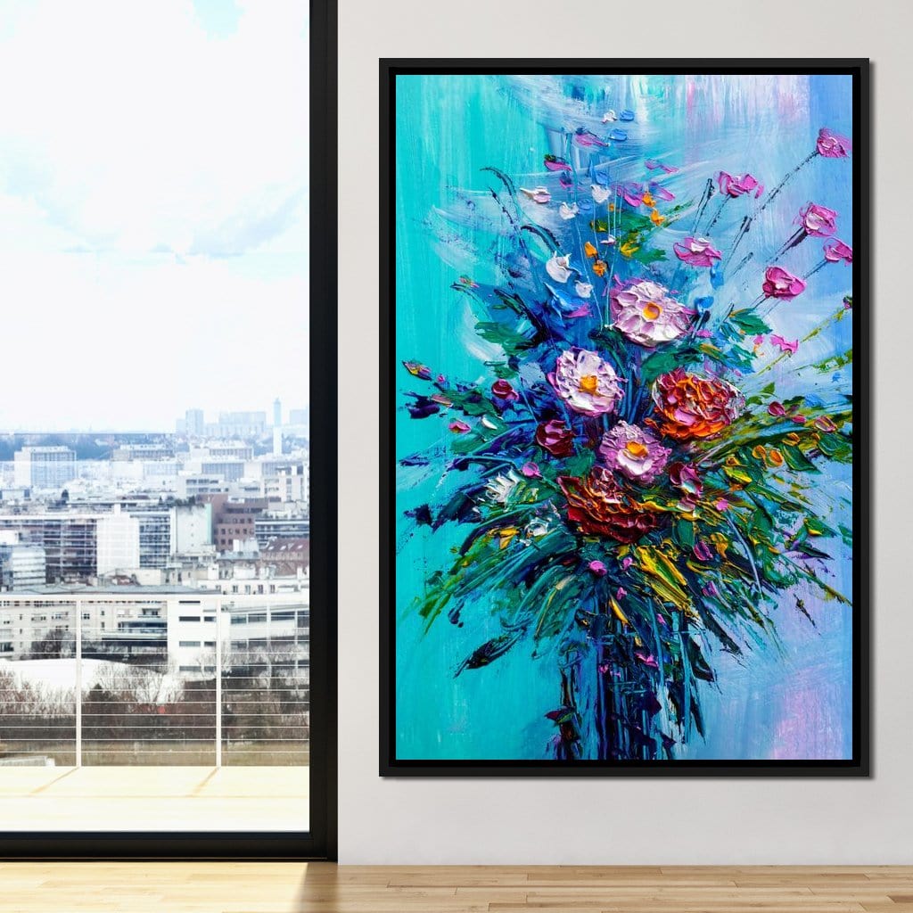 Bouquet of Flowers on Blue Background Canvas Wall Art