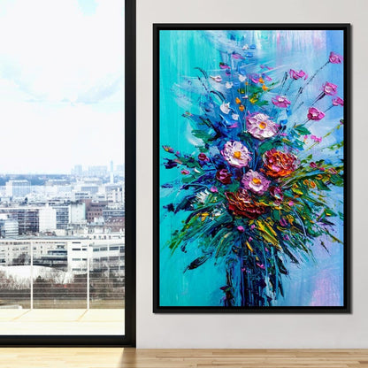 Bouquet of Flowers on Blue Background Canvas Wall Art