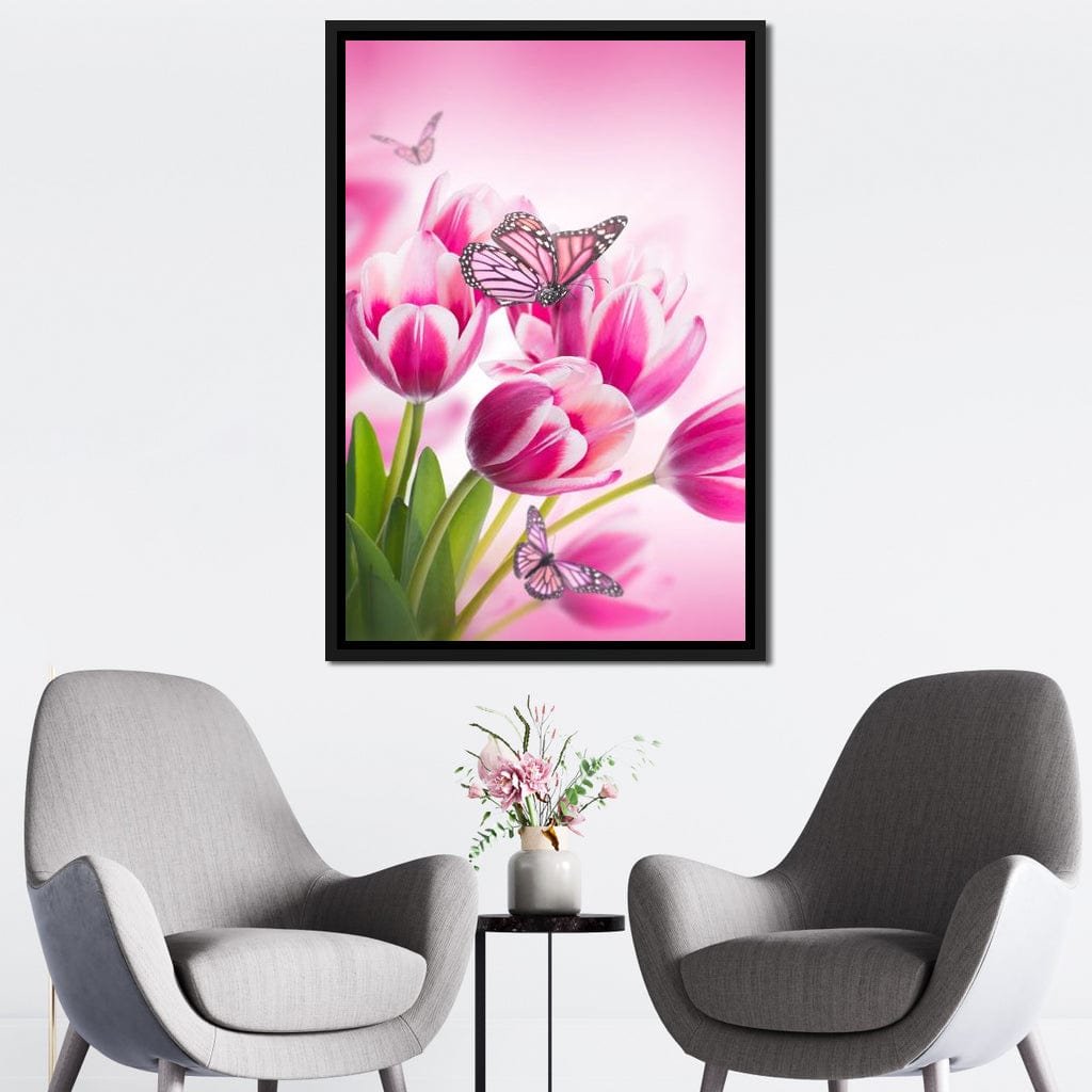 Bouquet of Pink Tulips & Butterflies Canvas Wall Art