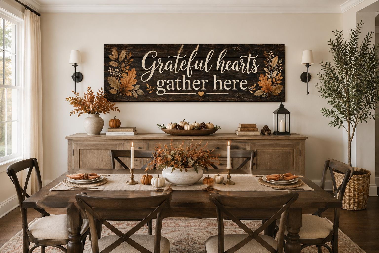 Grateful Hearts Gather Here Thanksgiving Fall Farmhouse Sign For Dining Room Canvas Wall Art