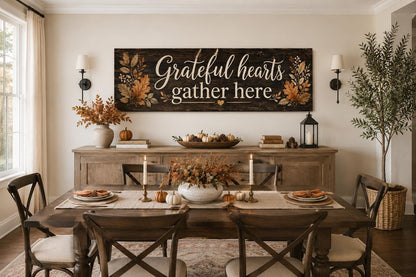 Grateful Hearts Gather Here Thanksgiving Fall Farmhouse Sign For Dining Room Canvas Wall Art