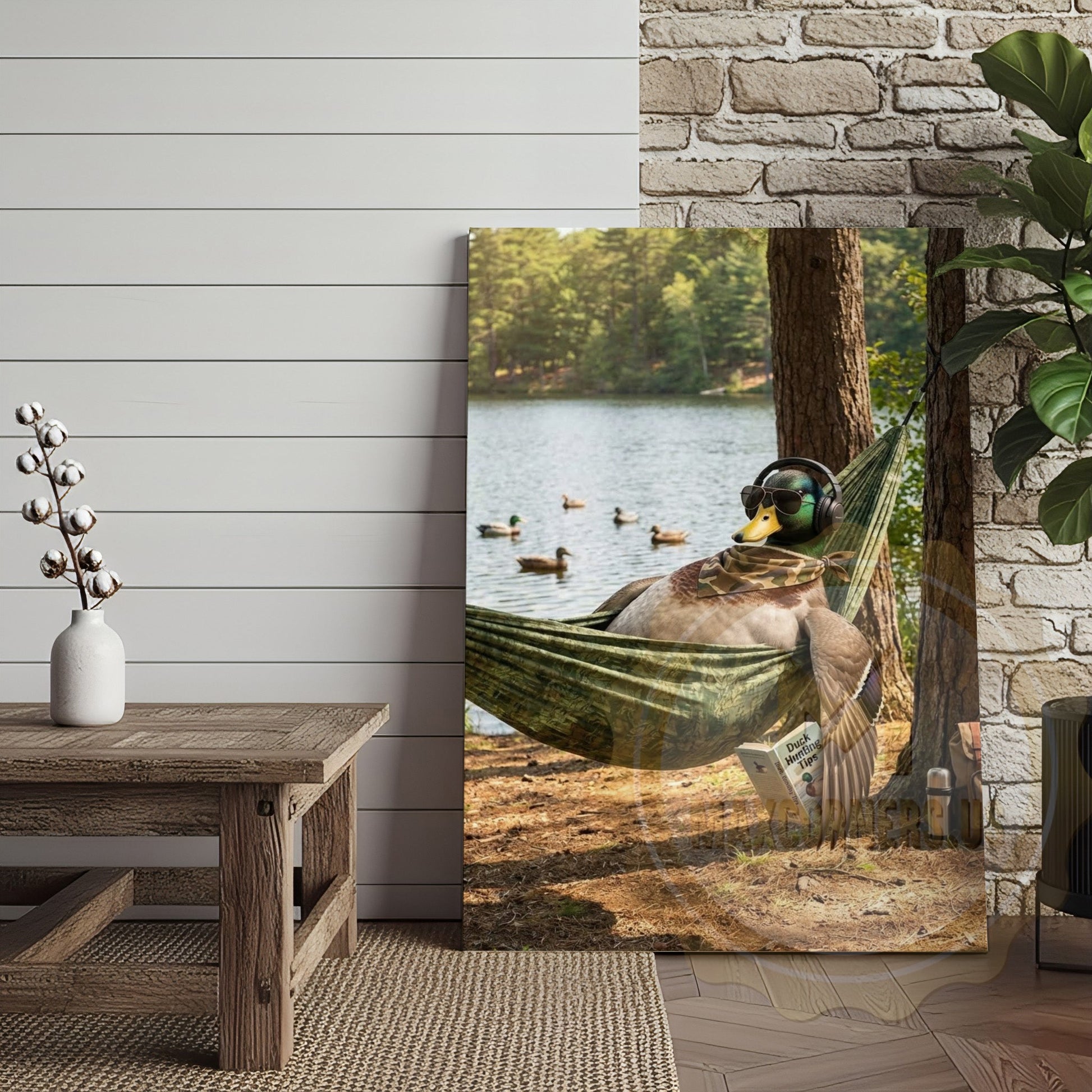 Duck Canvas Hammock Lake Relaxing Headphones Reading Canvas Wall Art