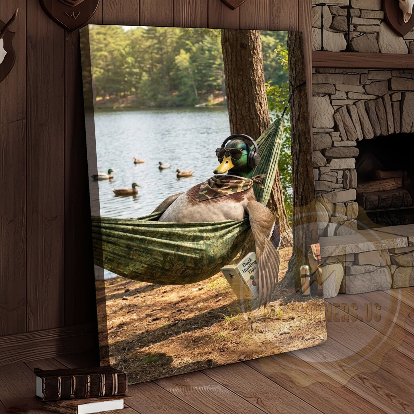 Duck Canvas Hammock Lake Relaxing Headphones Reading Canvas Wall Art