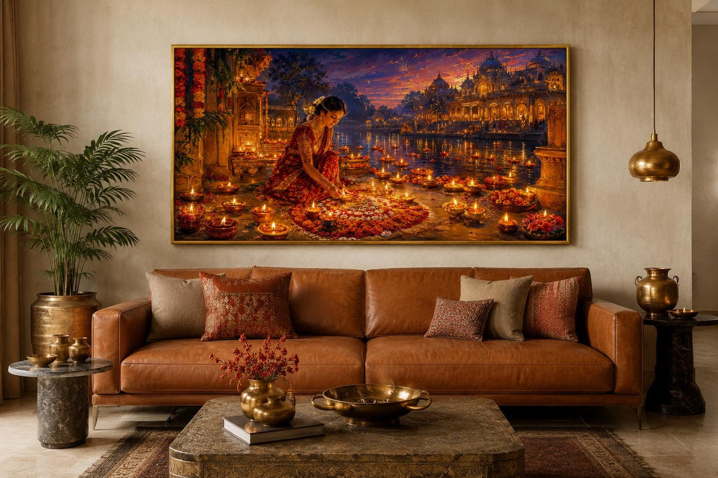 Diwali Canvas Wall Art - Woman Lighting Diyas Indian Festival Painting | Living Room Decor