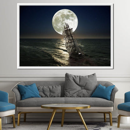 Sailing Under the Giant Moon Canvas Wall Art