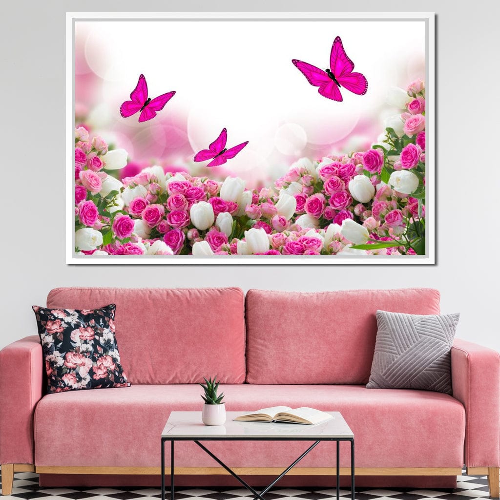 Pink Roses & Butterflies Canvas Wall Art