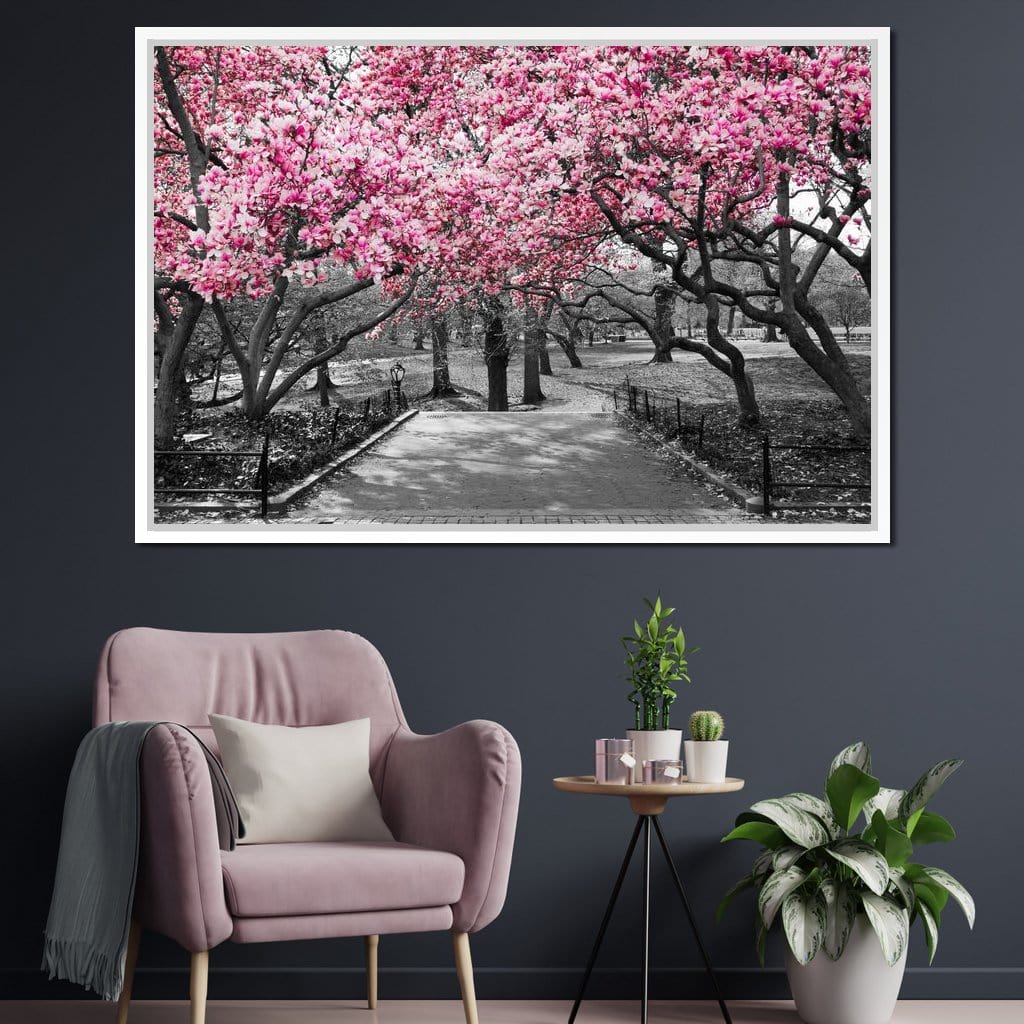 Pink Blossoms in Black and White Canvas Wall Art