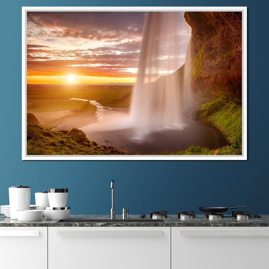 Sunset over Seljalandsfoss Waterfall Canvas Wall Art