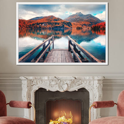 Wooden Pier on Autumn lake Sils Canvas Wall Art