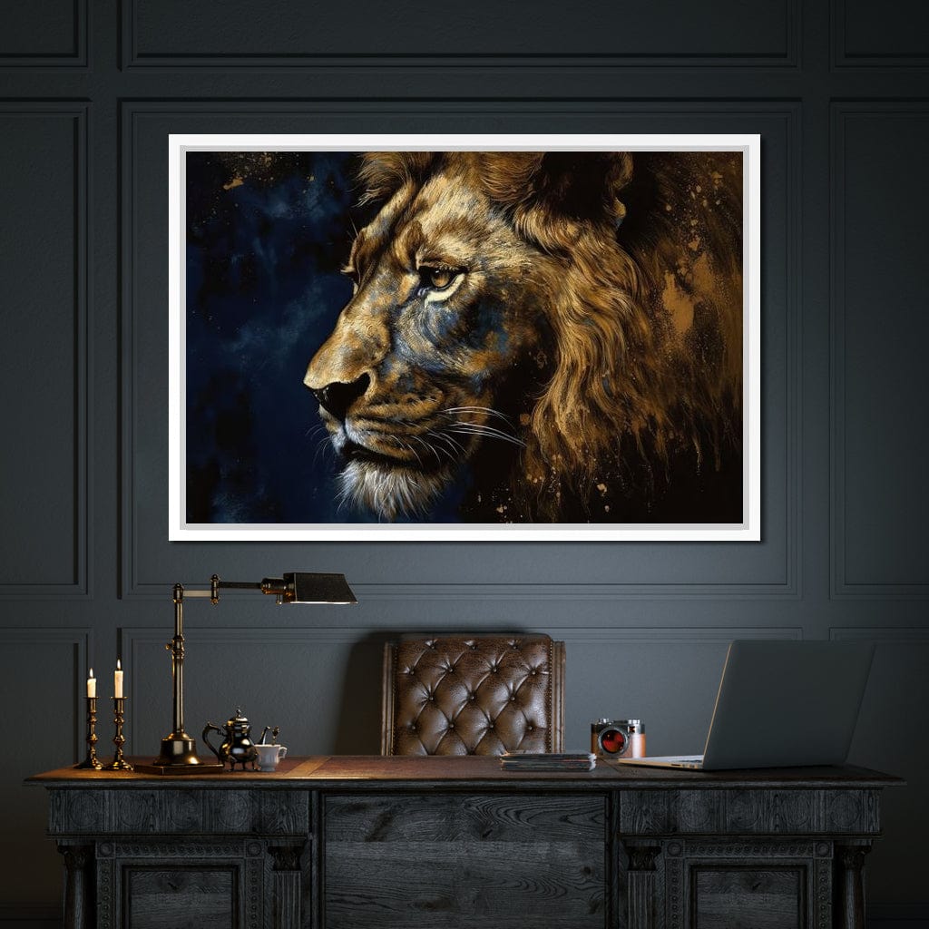 Golden Lion on Blue Background Canvas Wall Art
